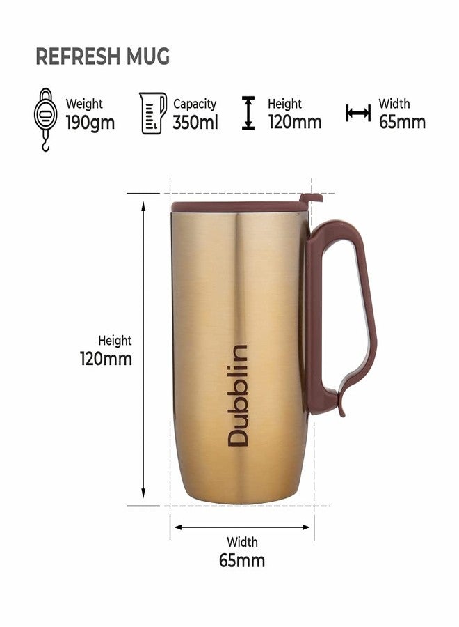DUBBLIN Refresh Stainless Steel Unbreakable Tea Coffee Mug Double Wall with Handle and Lid, Wide Mouth Mug Keeps Beverages Hot & Cold 350 ML Golden - Image 3
